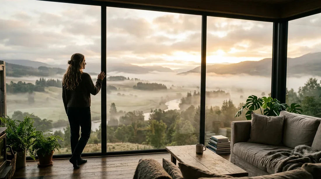 Une femme regardant par la fenêtre dans une atmosphère sereine et lumineuse