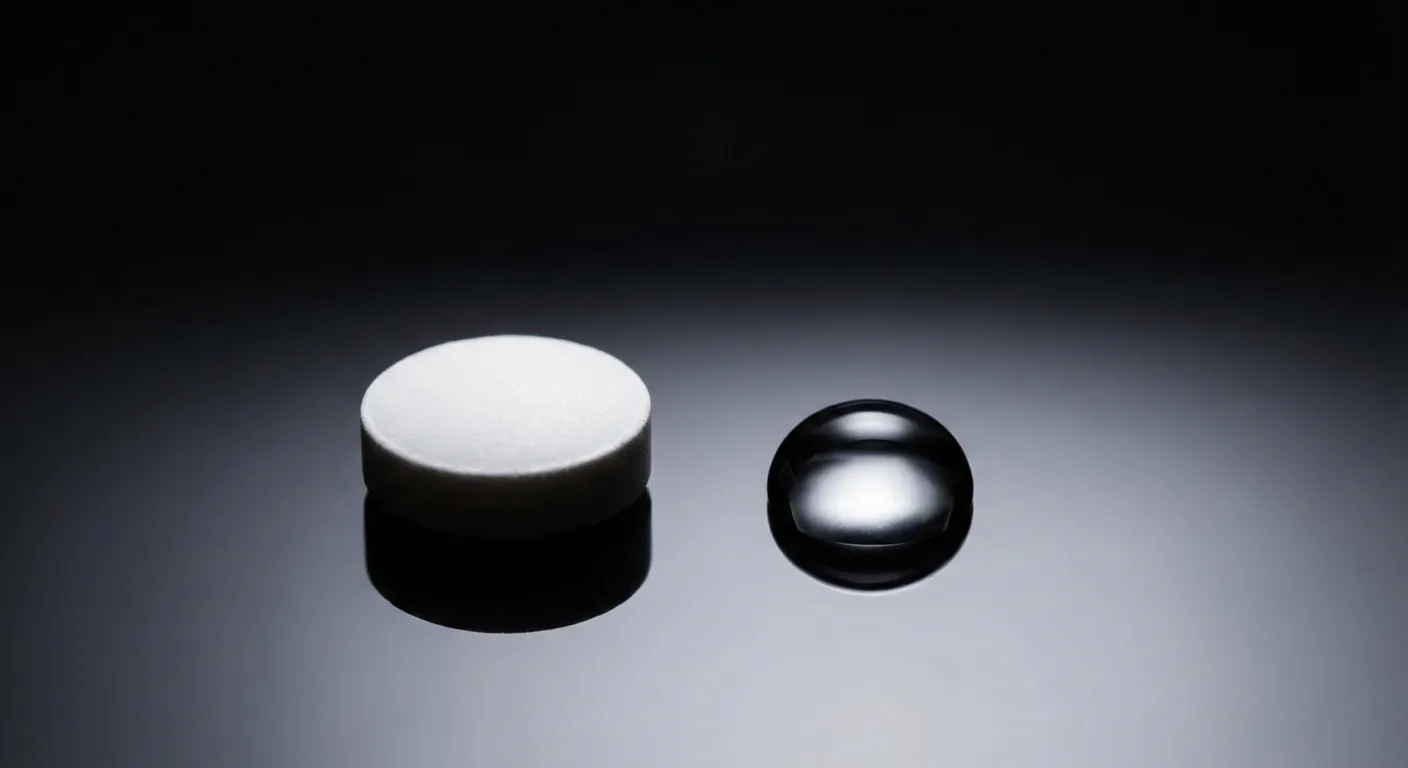 Gros plan iconique d'un comprimé blanc sur une surface sombre et élégante.