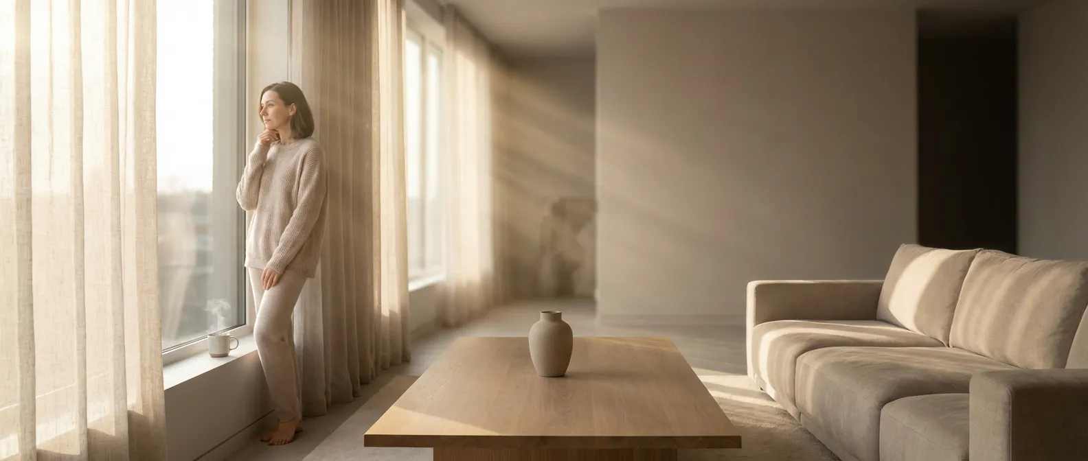 Une femme sereine dans un appartement moderne et lumineux, symbolisant l'équilibre et la santé mentale sous traitement.