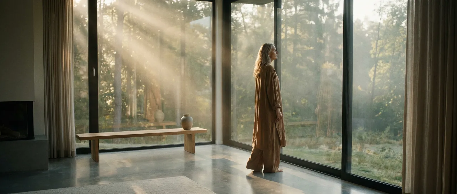 Portrait éditorial d'une femme sereine face à son traitement, style magazine de luxe