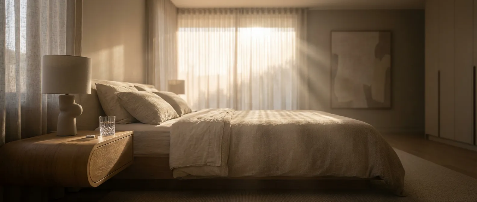 Vue cinématographique d'une chambre minimaliste apaisante, illustration pour avis sur le Lexomil