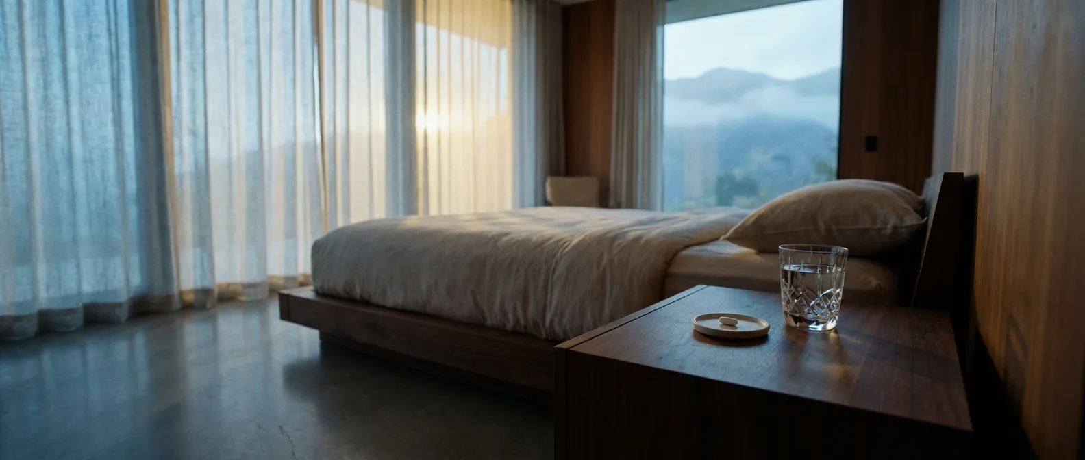 Chambre minimaliste élégante à l'aube illustrant le traitement par lormétazépam