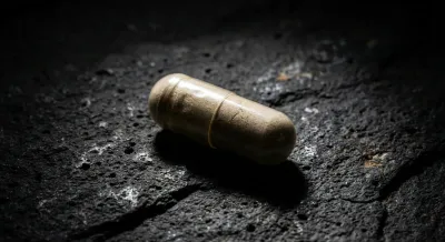 Gros plan minimaliste d'une gélule de Loxen LP 50 mg sur fond minéral