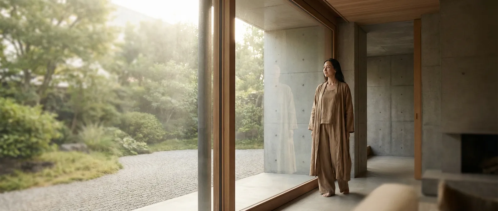 Femme sereine dans un intérieur épuré symbolisant le rétablissement après un traitement au Neo-mercazole