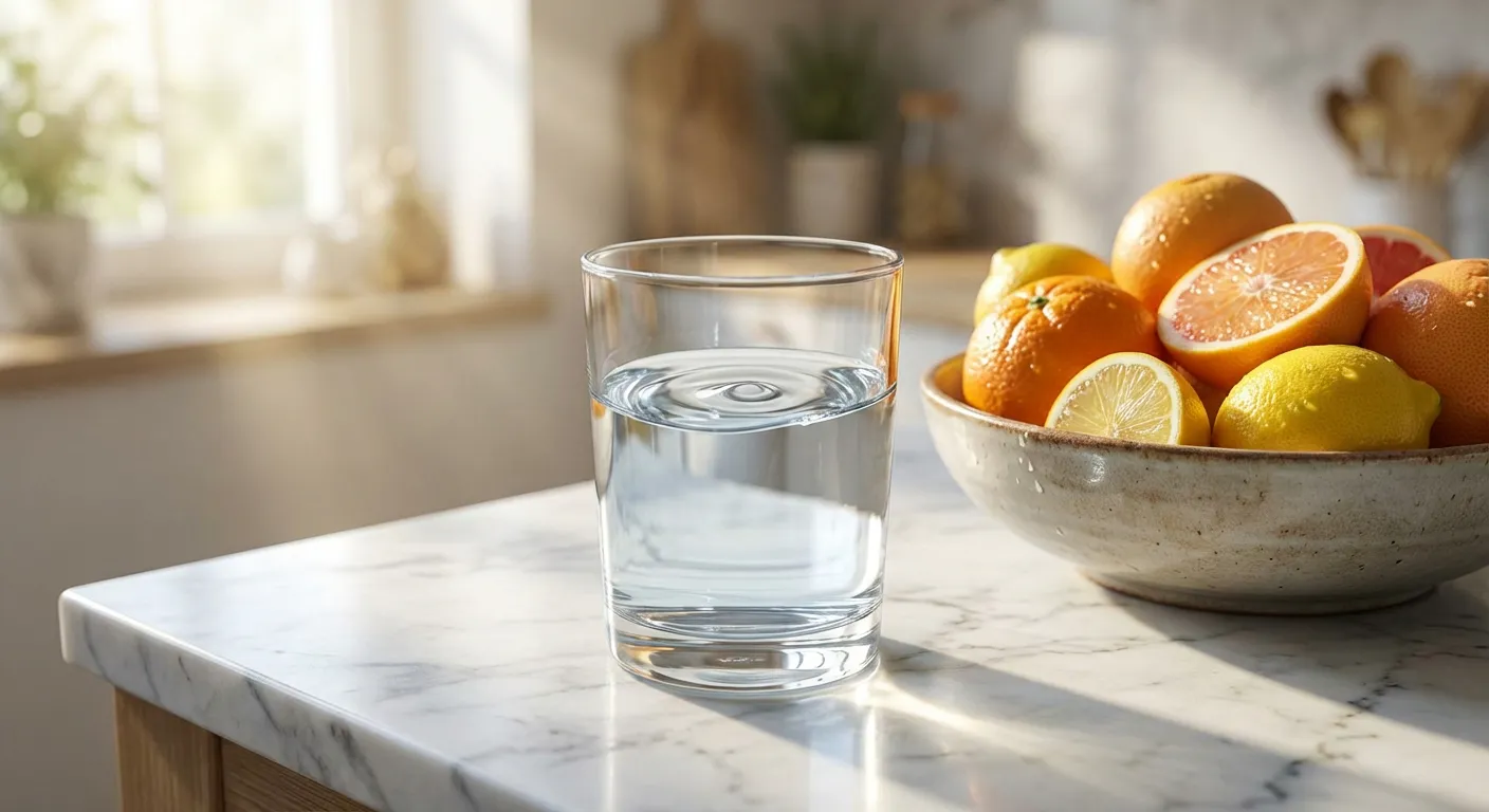 Verre d'eau et fruits frais illustrant un métabolisme sain et équilibré