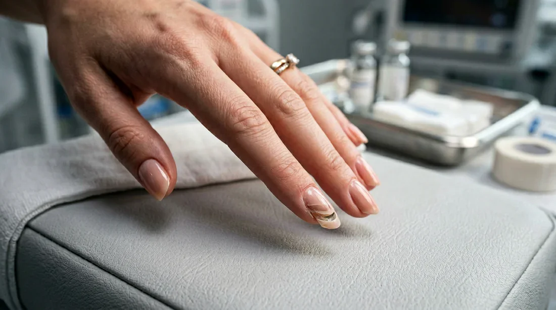 Main visuel article ongle arraché avec faux ongle style éditorial