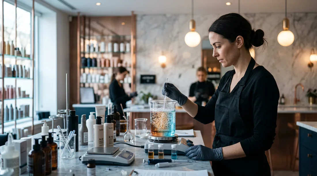 Un laboratoire de coiffure professionnel avec des produits chimiques pour patine, vue cinématique