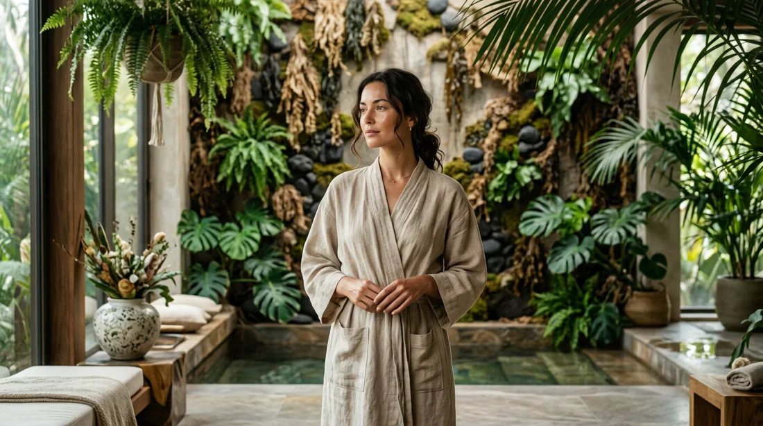 Une femme avec une peau lumineuse dans un spa élégant évoquant le soin aux algues
