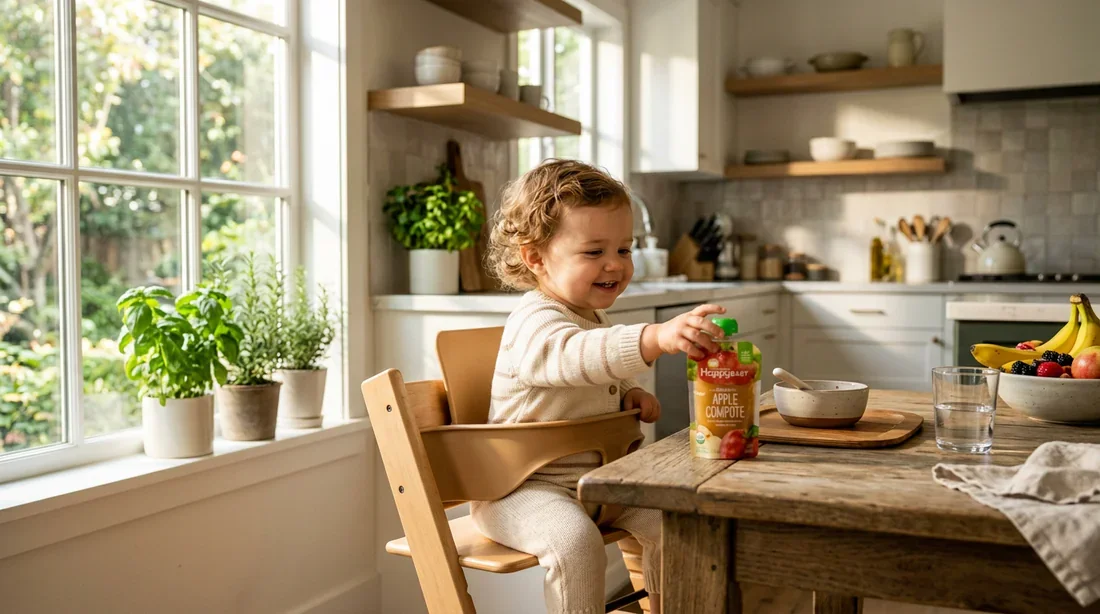 Un enfant en bas âge s'apprête à manger une compote à table dans une cuisine lumineuse