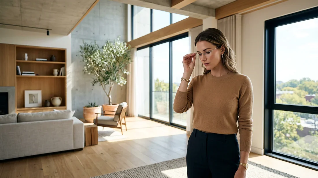 Coût des verres progressifs Essilor en 2026 : une vue d'ensemble Une femme élégante ajustant ses lunettes progressives de haute technologie dans un loft lumineux