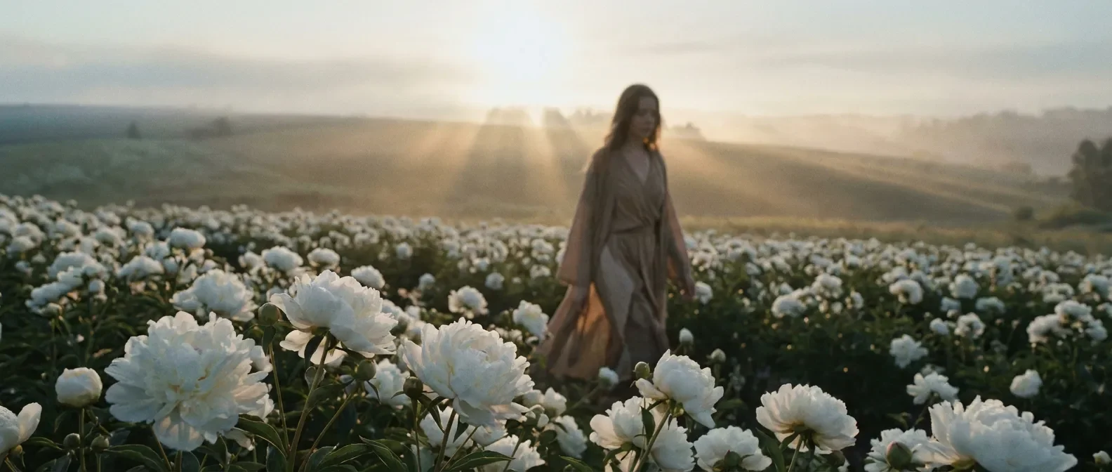Femme sereine marchant dans un champ de pivoines blanches illustrant le soulagement de l'endométriose