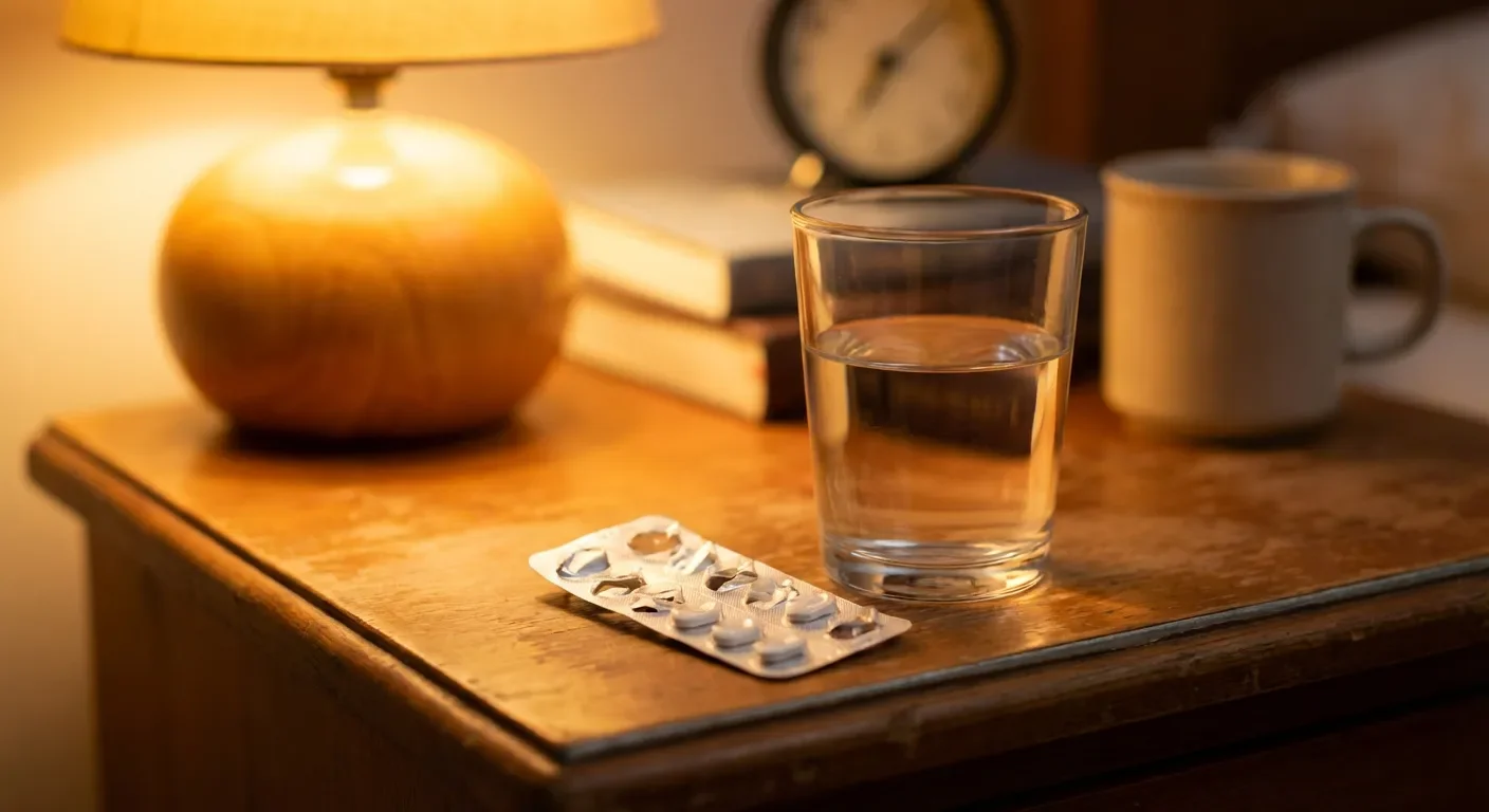 Rituel quotidien de prise de traitement avec un verre d'eau et des médicaments