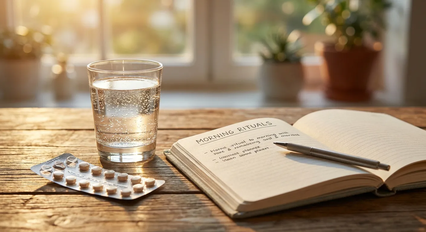 Routine matinale incluant le traitement Sawis gé avec un verre d'eau et un carnet de suivi.