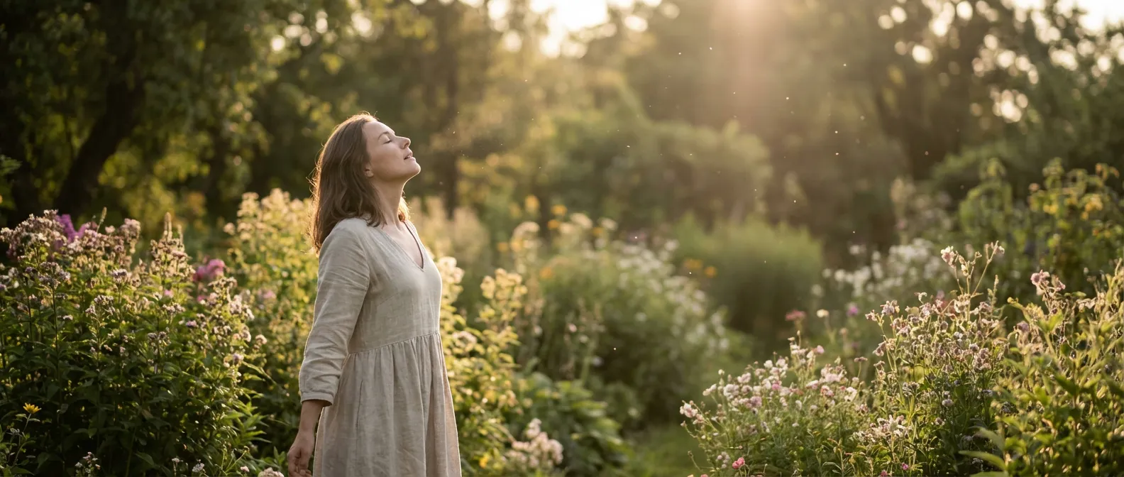 Une femme sereine dans un jardin ensoleillé évoquant le soulagement des douleurs de l'endométriose.