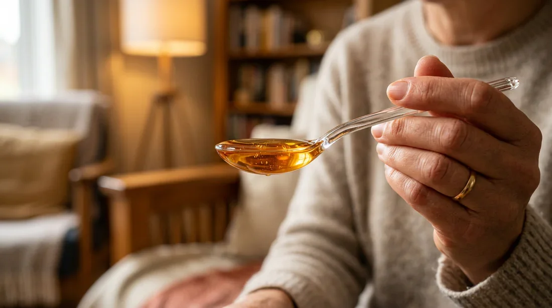 Précautions et conseils pour le traitement de la toux en allaitement Gros plan sur une cuillère contenant un sirop contre la toux, symbolisant la prise de soin durant l'allaitement