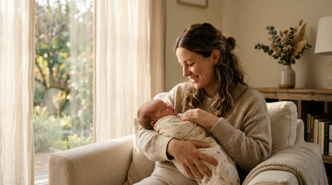 Maternité et bien-être : choisir le bon sirop pour la toux Une mère tenant son bébé dans une chambre baignée de lumière naturelle, évoquant la sérénité et le soin