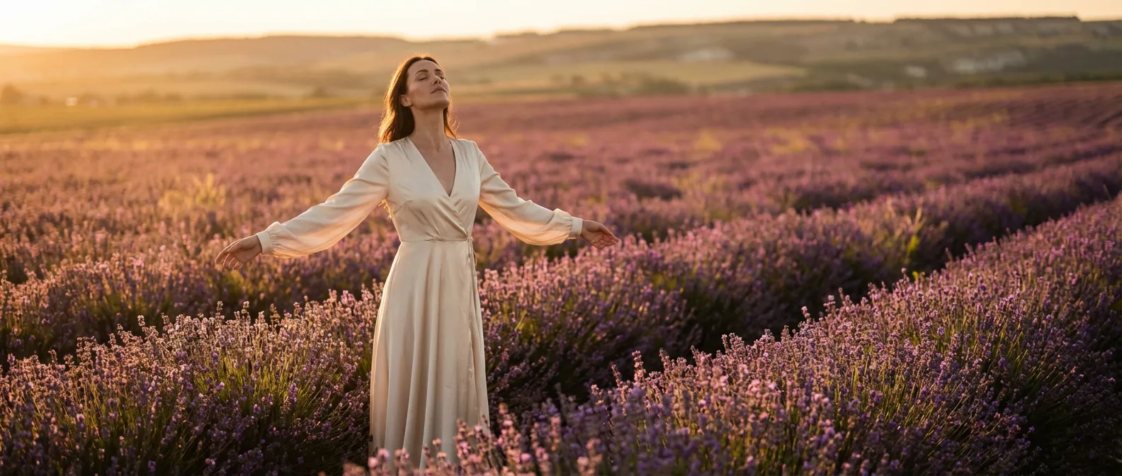 Femme sereine en plein air symbolisant la libération des douleurs liées à l'endométriose grâce à Slinda.