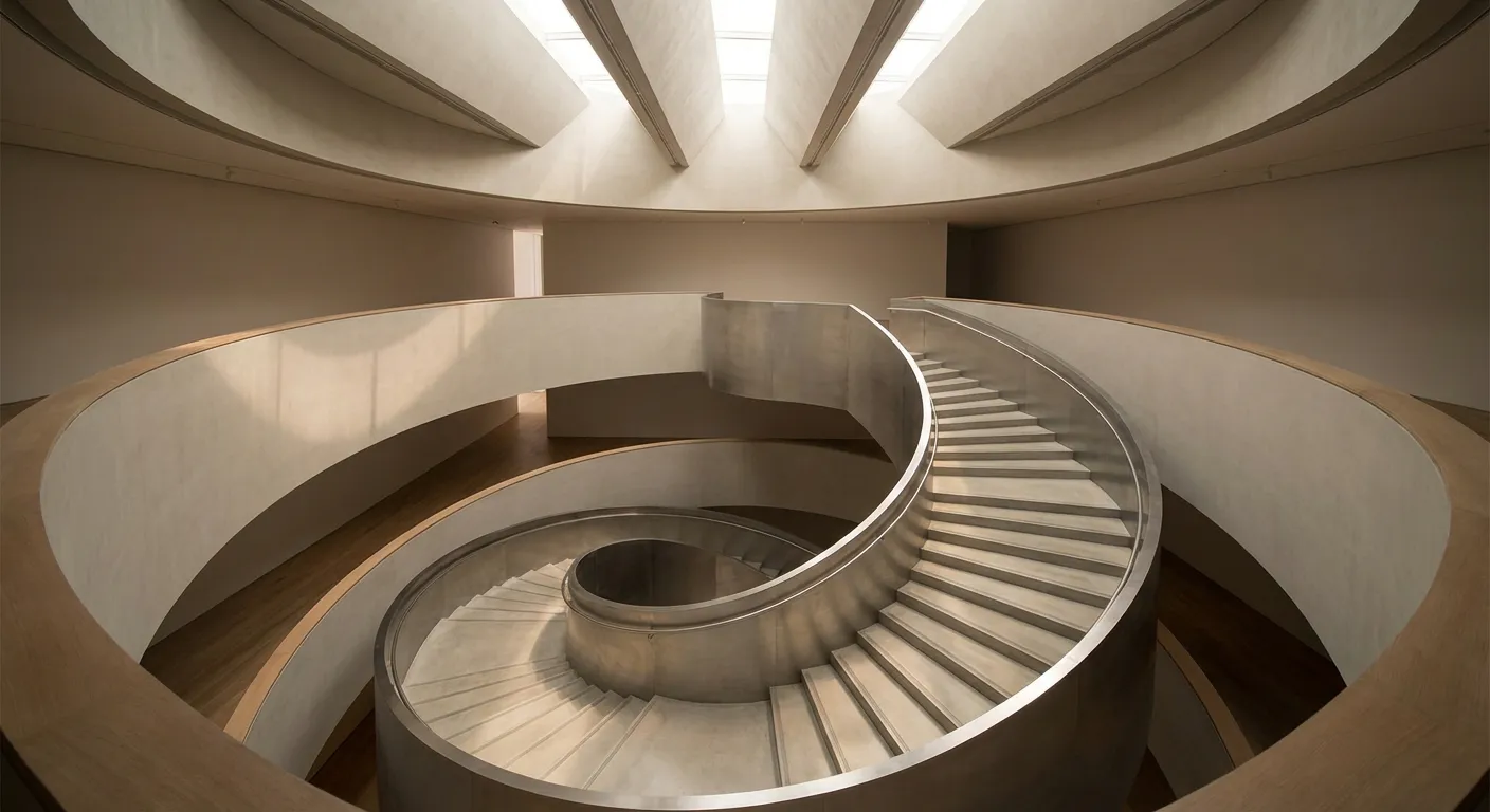 Vue en plongée d'un escalier en colimaçon géométrique symbolisant le mécanisme du vertige.