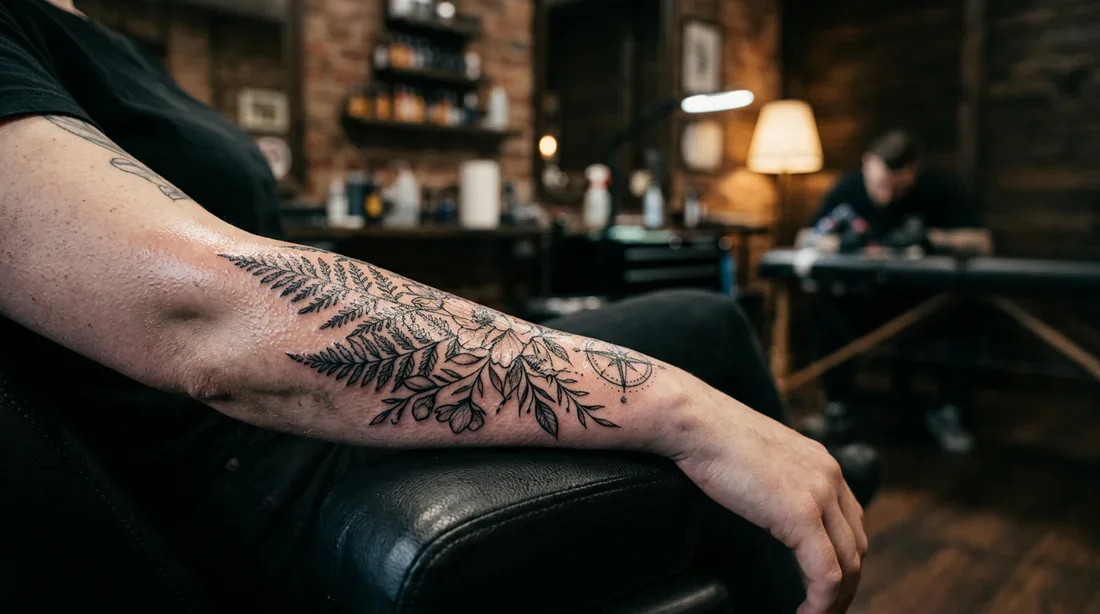 Gros plan cinématographique d'un tatouage récent sur l'avant-bras avec un éclairage studio sophistiqué