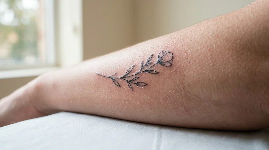Vue macro détaillée de la peau en phase de cicatrisation après un tatouage