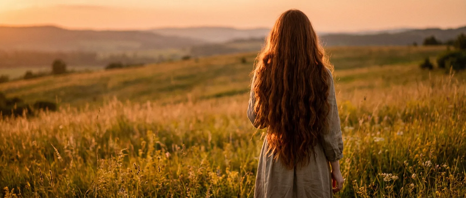 Femme avec une chevelure dense et brillante lors d'un coucher de soleil, style magazine de mode.