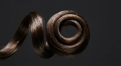 Gros plan iconique d'une mèche de cheveux saine sur fond sombre.