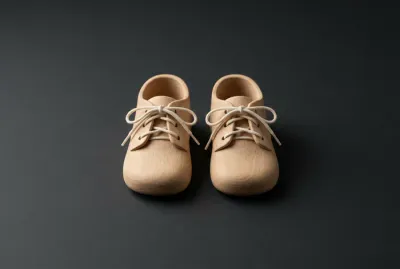 Deux petites chaussures de bébé posées côte à côte, symbolisant l'agrandissement de la famille