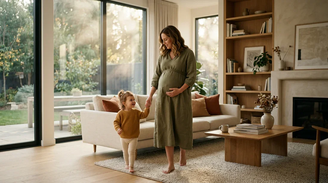 La magie d'une deuxième grossesse Une femme enceinte tenant la main de son enfant dans un salon lumineux, symbole de la maternité et de la deuxième grossesse