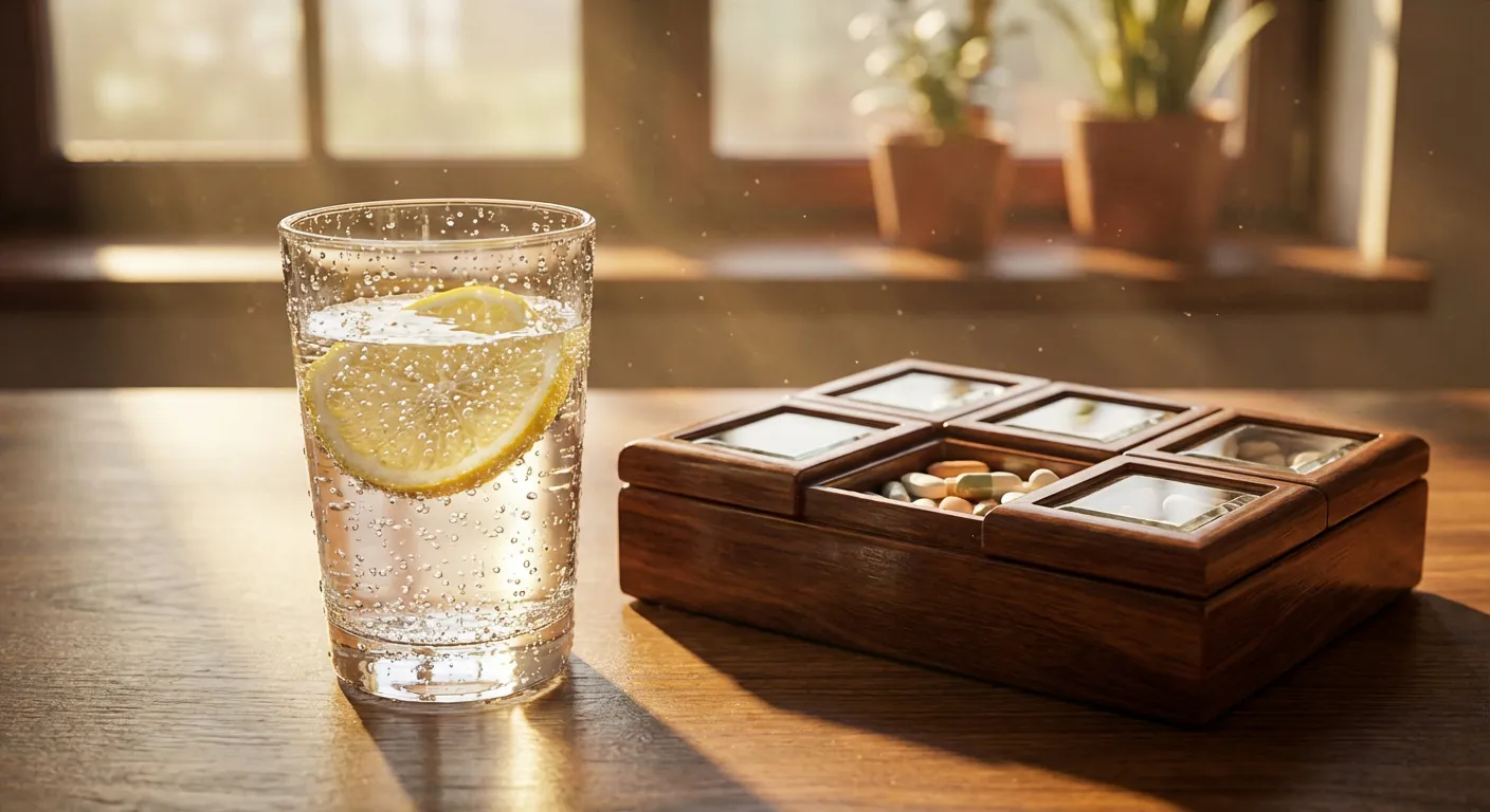 Détail d'un verre d'eau et d'un pilulier dans une lumière matinale douce pour la posologie quotidienne.