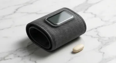 Gros plan minimaliste d'un tensiomètre et d'un comprimé sur marbre blanc.