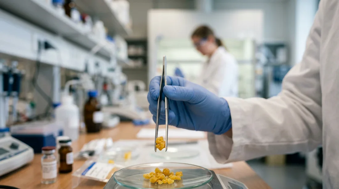 Vue cinématographique de granulés jaunes Vanilone sur une table de laboratoire médicale