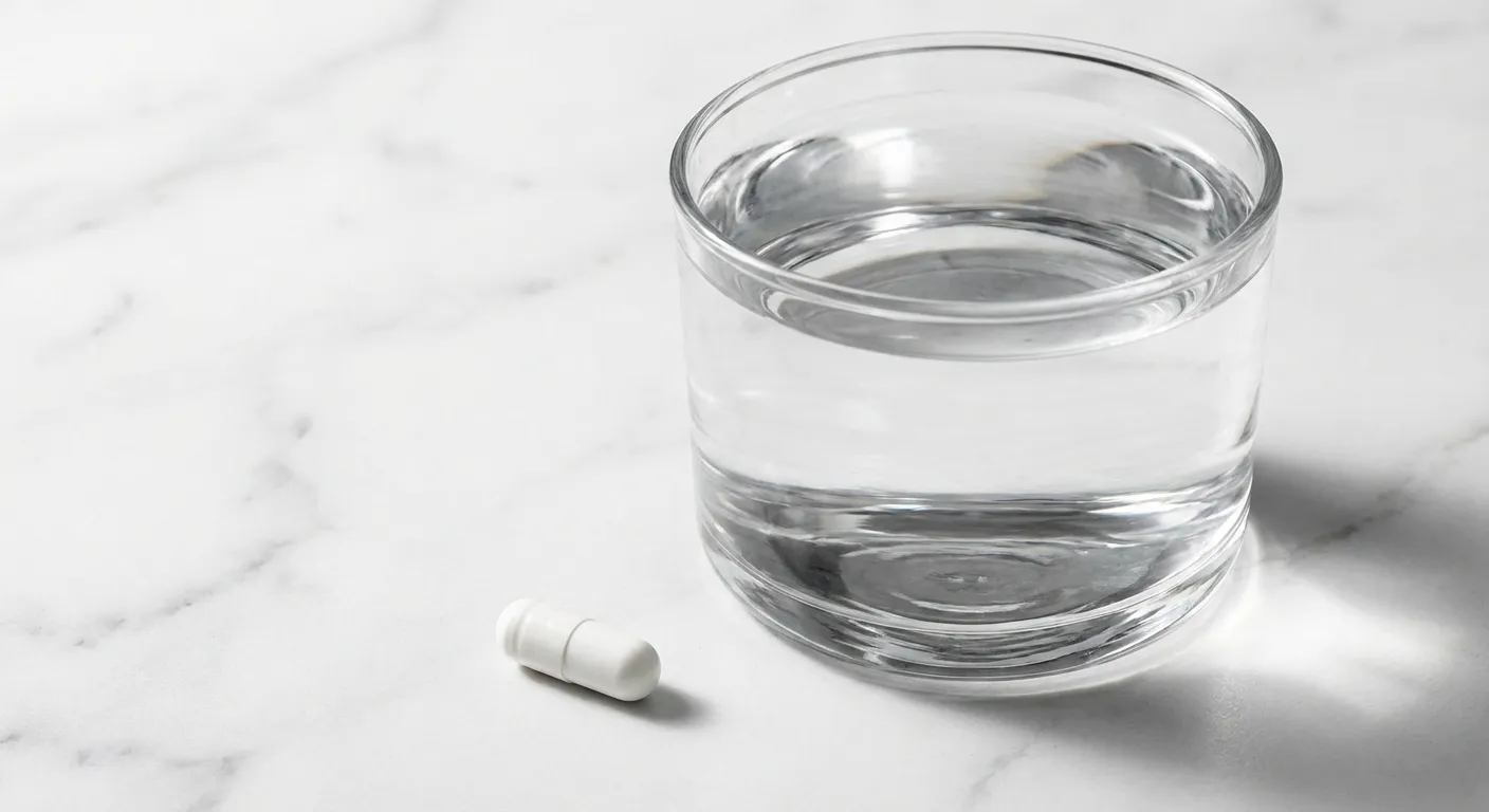 Gros plan minimaliste d'un verre d'eau et d'un comprimé sur marbre