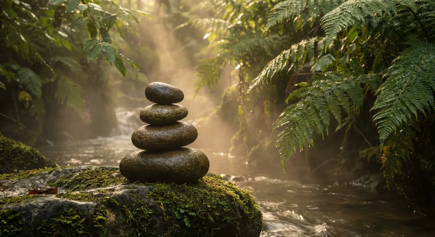 Pierres de zen en équilibre parfait au bord d'un ruisseau illustrant la stabilité