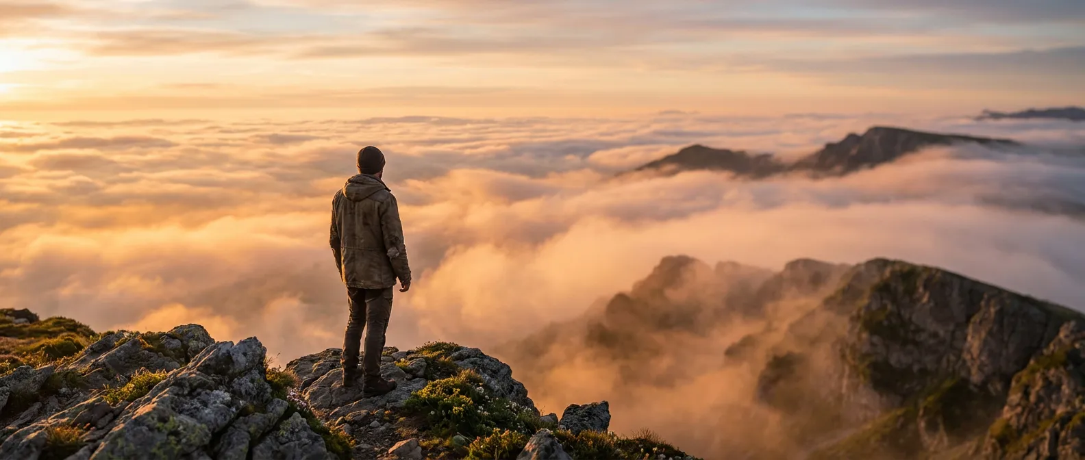 Vue cinématographique d'un sommet montagneux au lever du soleil symbolisant la sérénité retrouvée