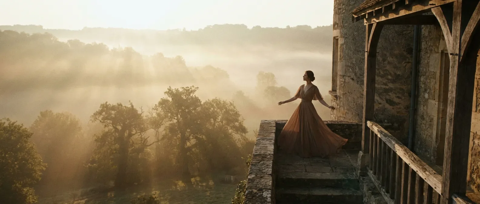 Une femme sereine face à un paysage brumeux au lever du soleil, symbolisant l'équilibre et la santé sous Vumerity