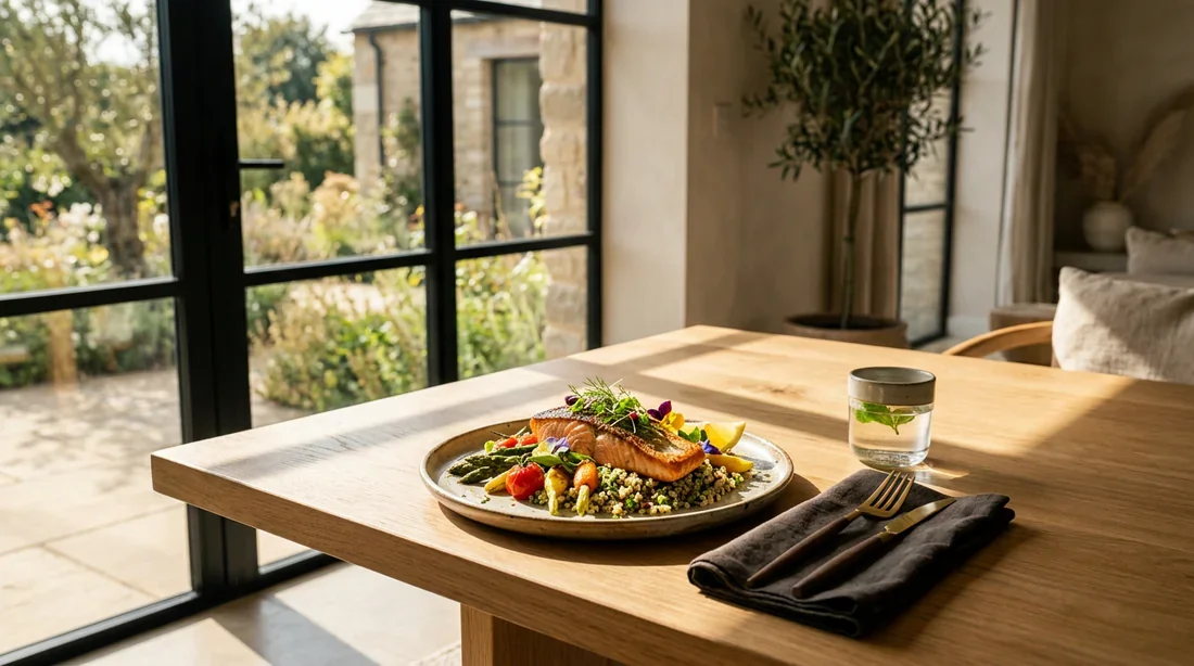Table minimaliste avec un seul repas gastronomique et sain baigné par la lumière du soleil