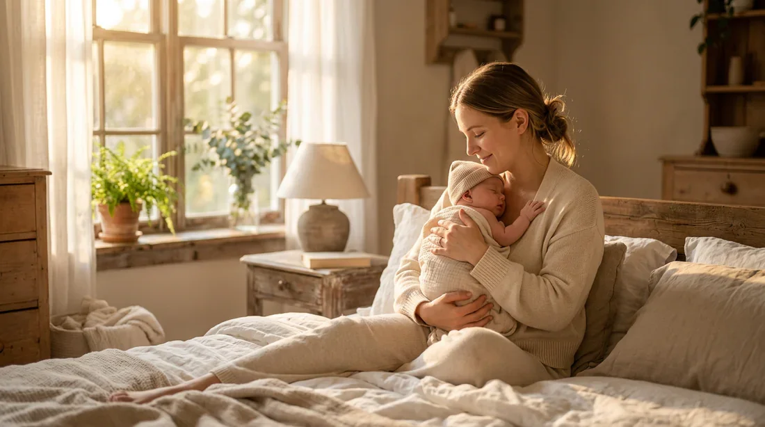 Une mère apaisée tenant son bébé dans une lumière douce et naturelle, symbolisant la maternité et le bien-être.