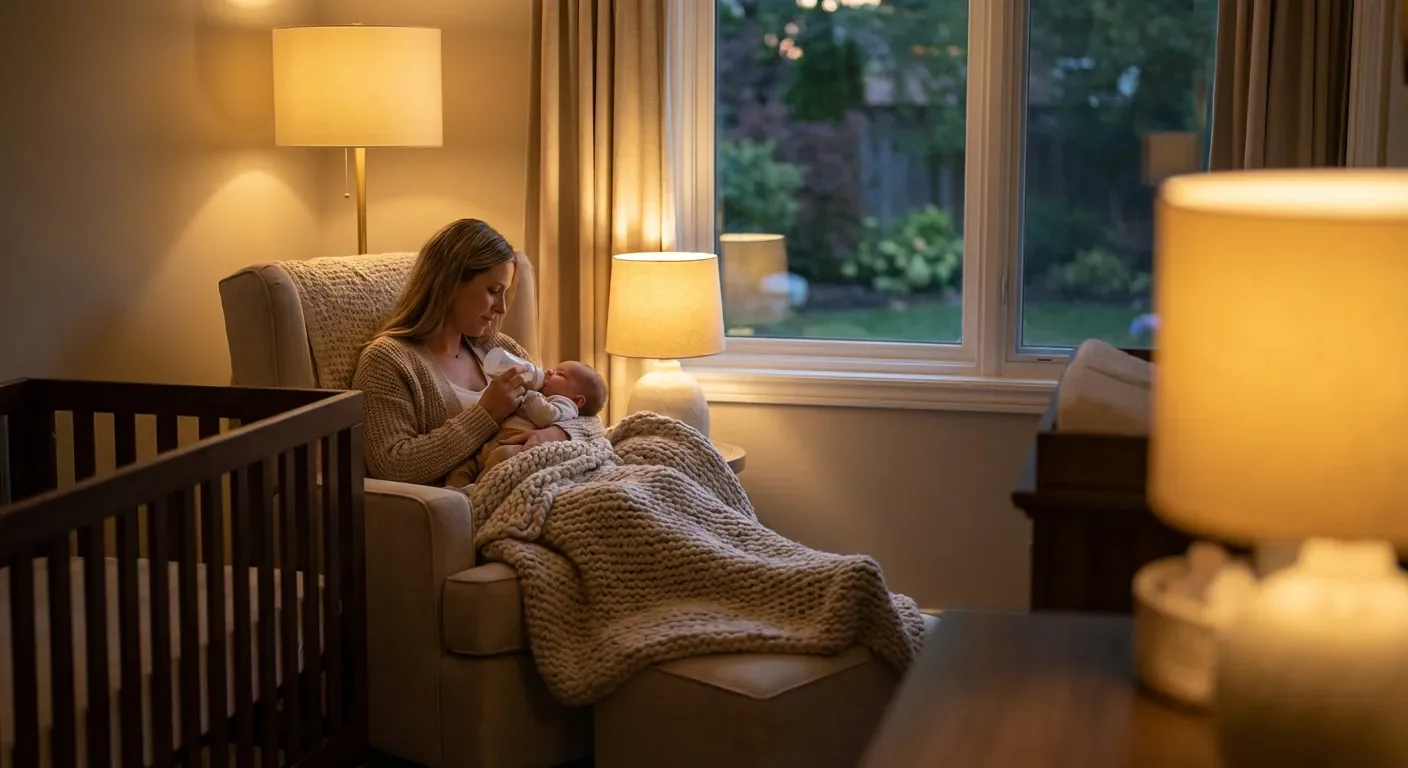 Le rituel du biberon du soir pour bébé Maman nourrissant son bébé au biberon le soir dans une chambre chaleureuse et apaisante
