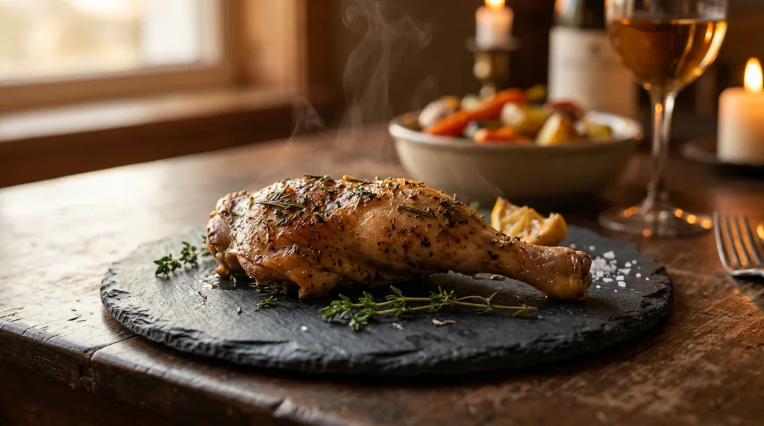 Calories dans une cuisse de poulet sans peau Cuisse de poulet grillée sur une assiette en ardoise