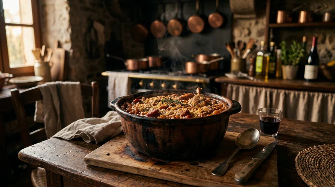 Un cassoulet traditionnel présenté de manière élégante sur une table en bois dans une cuisine gastronomique
