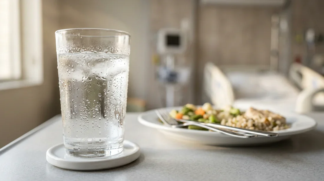Un verre d'eau posé à côté d'un plat, évoquant la gestion de l'hydratation et du diabète