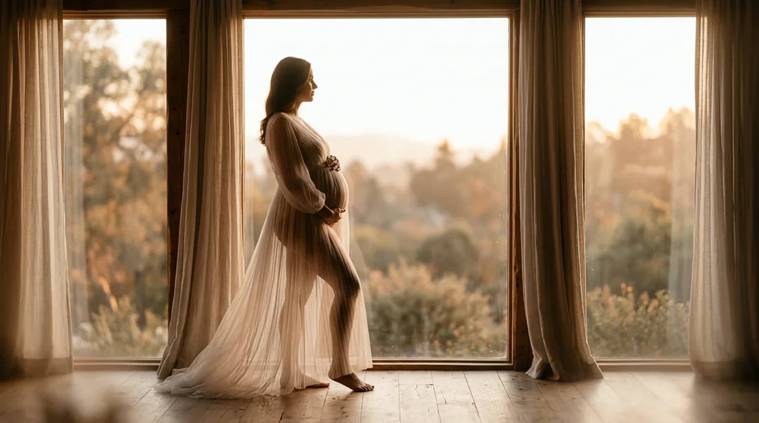 La maternité sous un angle artistique Silhouette élégante d'une femme enceinte baignée dans une lumière douce
