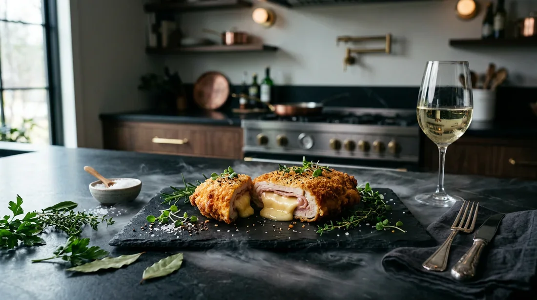 Peut-on congeler un cordon bleu industriel : guide pratique Un cordon bleu industriel de qualité supérieure sur une planche en ardoise avec une ambiance élégante
