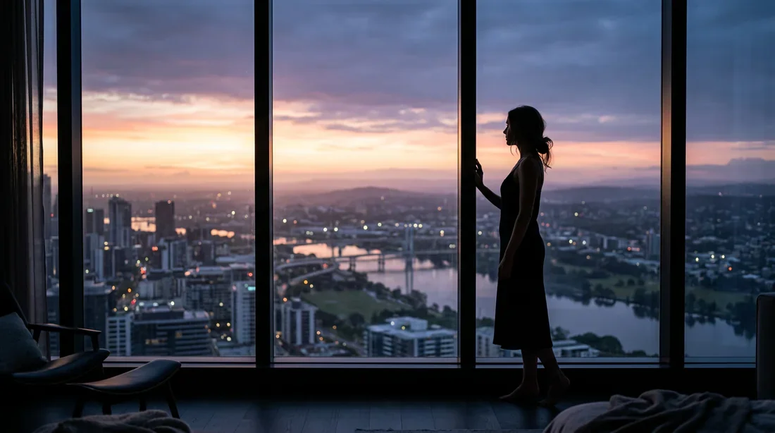 Une silhouette féminine contemplative devant une fenêtre au lever du soleil pour illustrer la perte de poitrine liée à la perte de poids