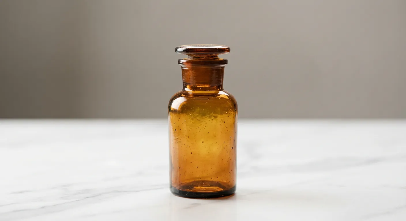 Flacon apothicaire de julep gommeux sur fond épuré.