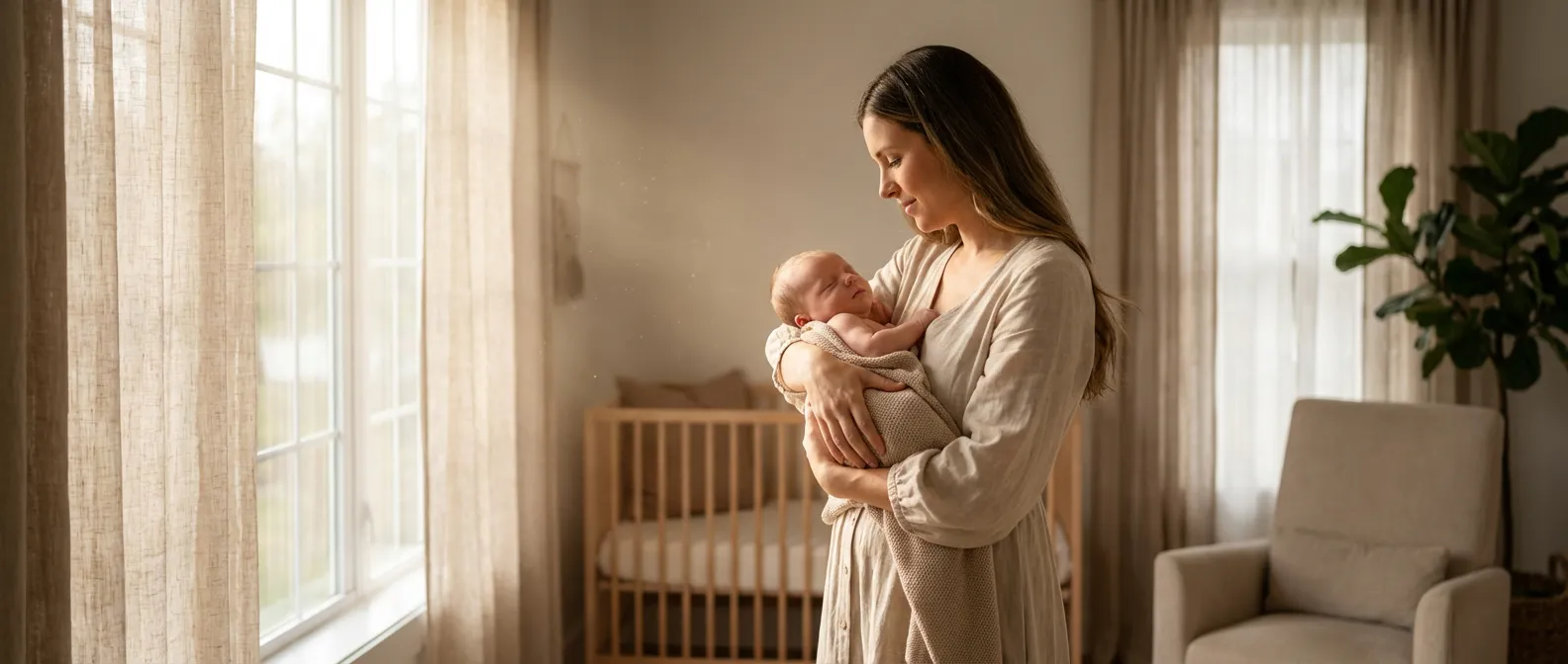 Une mère apaisant son nouveau-né dans une chambre lumineuse et calme, évoquant le soulagement des coliques.