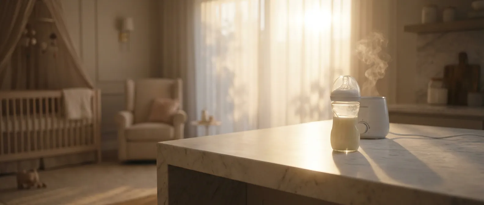 Biberon de lait maternel sur un comptoir élégant baigné par la lumière du soleil