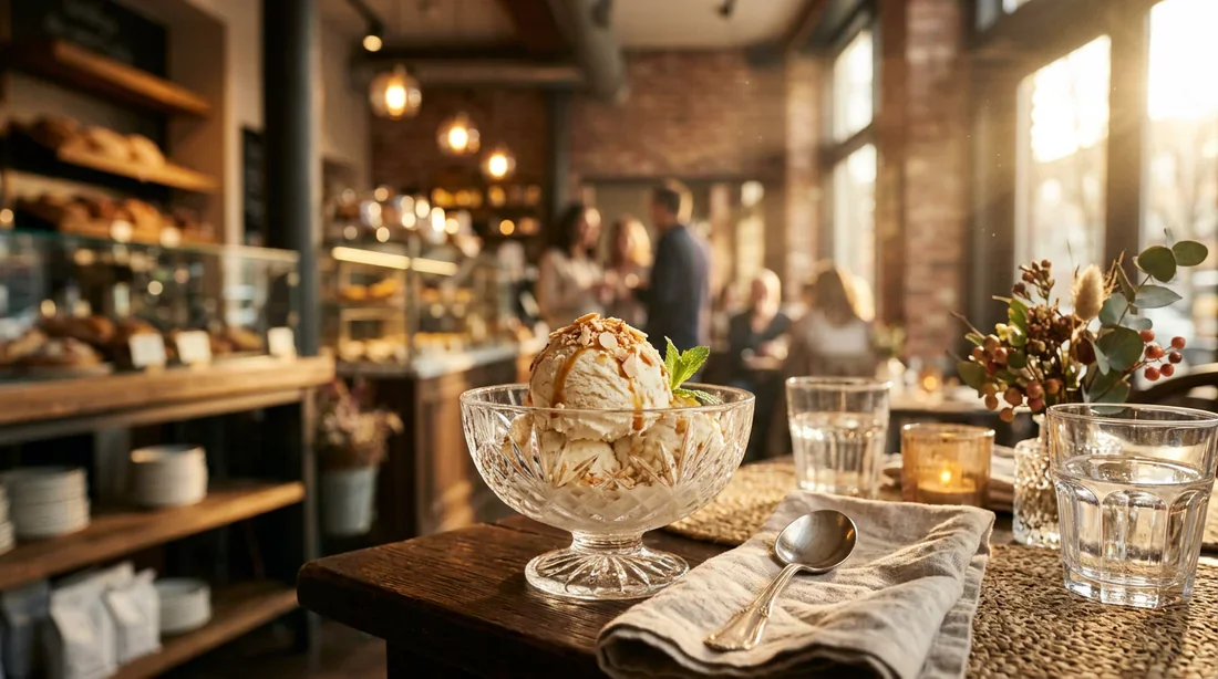 Bol élégant contenant une glace gourmet sans sucre dans une atmosphère raffinée