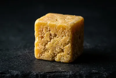 Gros plan minimaliste sur un cube de metton, mettant en avant sa texture unique et sa couleur dorée.