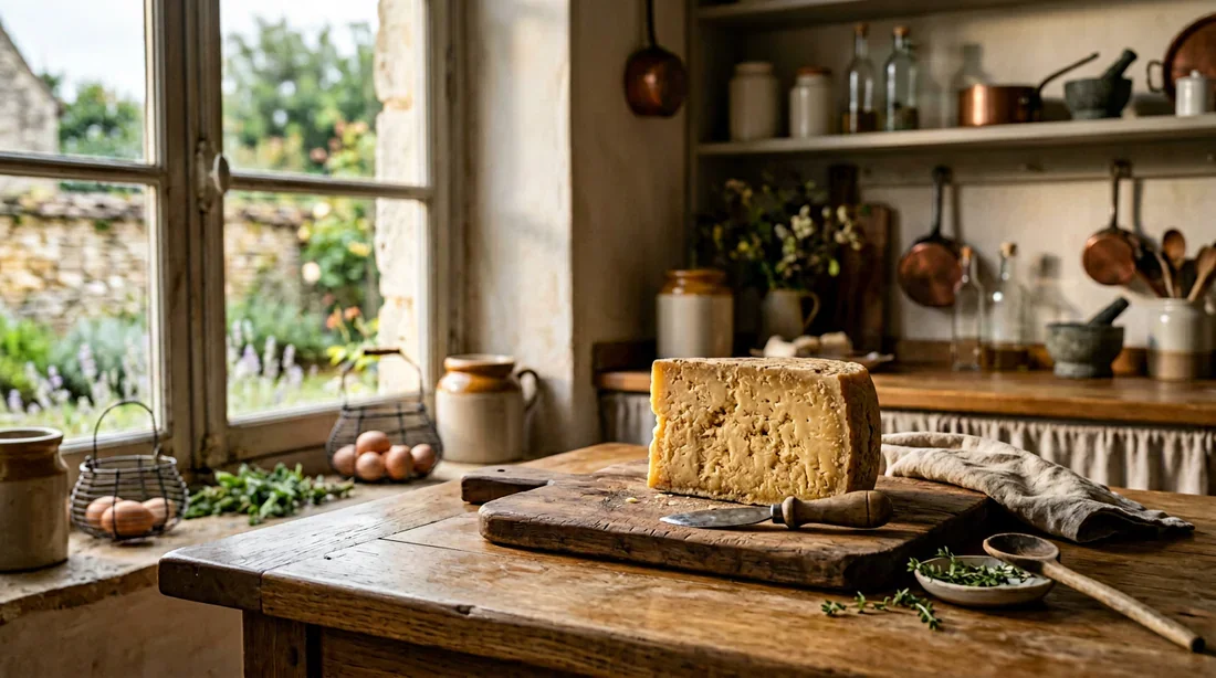 Une image élégante et épurée d'un morceau de metton artisanal sur une planche en bois dans une cuisine moderne baignée de lumière.